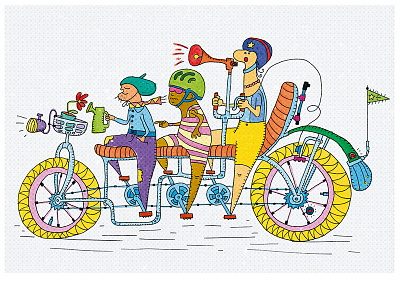 Bike Geeks - illustartion (contest artwork) bicycle bike draw flower fun geek happiness helmet illustration outdoors rower yellow