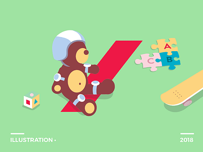 Illustration for AXA • insurance brand childish games illustration isometric protection puzzle roller skate teddy bear toys