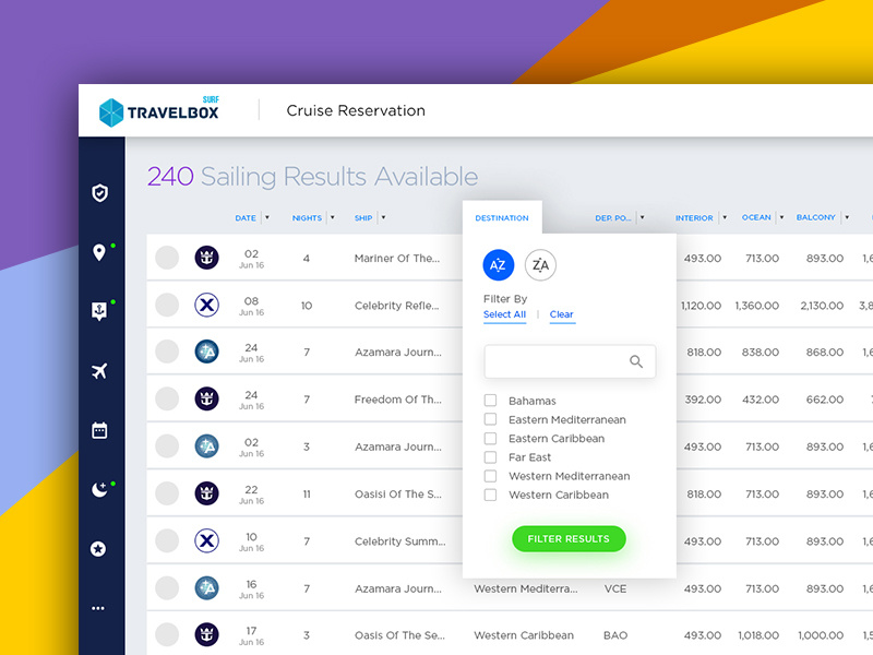 Cruise Results dashboard data table sort by filters result list cruise results