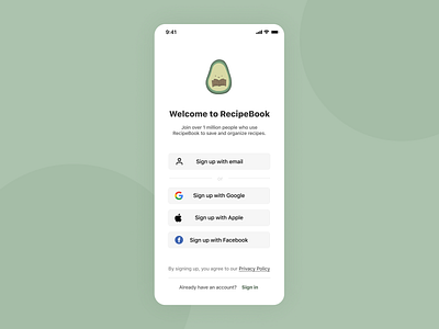Recipe Book Sign In app app design application dailyui dailyui 001 design mobile design recipe sign in ui ux