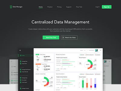 Data Management Tool - Homepage with Dashboard b2b call to action charts dark dashboard enterprise green homepage interface landing management ui