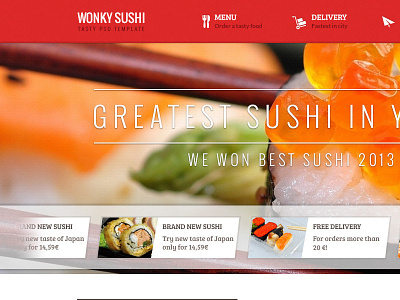 Wonky Sushi Tasty PSD Template clean delivery ecommerce food modern psd restaurant shop sushi tasty template webdesign website