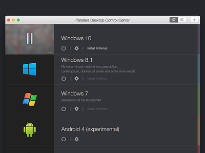 Parallels Desktop 10-11. Control Center. app application dark desktop icon interface mac mac os os x ui ux
