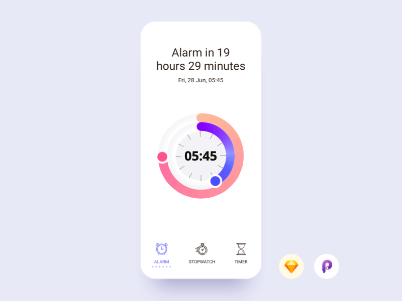 Alarm Clock alarm alarm clock animation app application card clean clear clock colors design flat illustration interface mobile motion sketch ui ux web