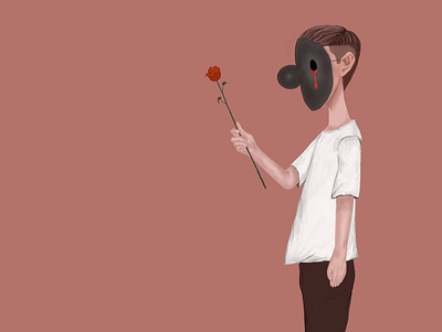 Man wearing sad mask holding broken rose in broken heart concept flat illustration