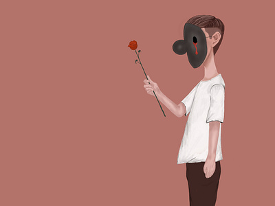 Man wearing sad mask holding broken rose in broken heart concept