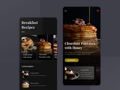 Recipes App in Dark app breakfast dark dessert food food app recipe recipe app ui