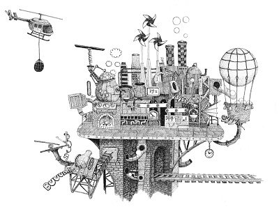 Crazy factory ballon bw. drawing factory. helicopter. illustration. pen.