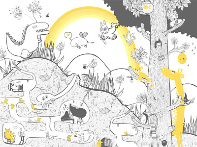Godzilla's wallpaper bee. godzilla. illustration. piano. plane. ranibow. tree.