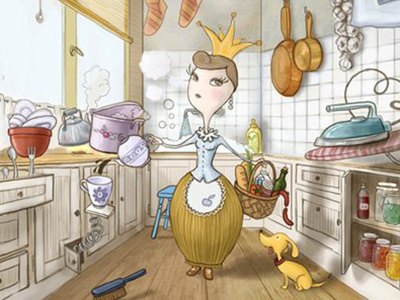 Kitchen queen cooking. dog. illustration. ironing. kitche. queen. tea.
