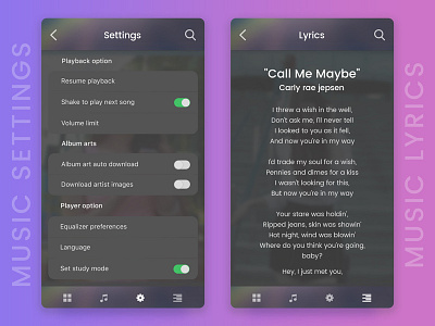 Dark Music Player App - Settings and Lyrics