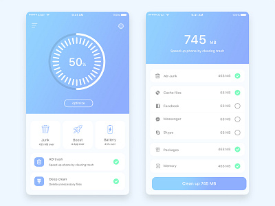 Cleaner Mobile App battery boost clean color junk optimize pie circle chart trash ux ui android ios app design