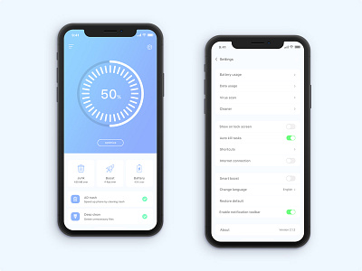 Cleaner Mobile App(iphone X) battery boost clean color iphone x junk optimize pie circle chart trash ux ui android ios app design