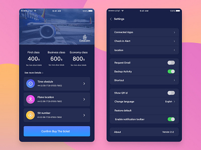 Air ticket App black screen tab matte black ticket airplane color ux ui android ios app design