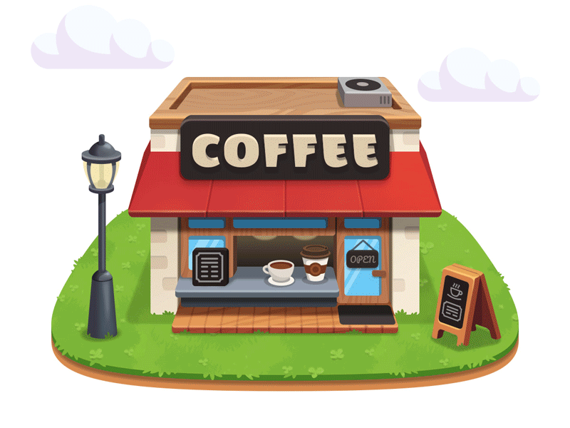 Coffee Store cafe coffee cute fun game graphic house mobile restaurant store ui vector