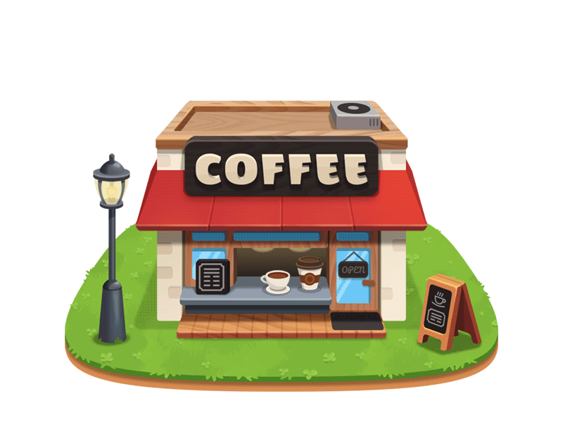 Game Store Coffee Shop Animated animation app cafe coffee cute fun game gif graphic house mobile restaurant shop store ui vector web