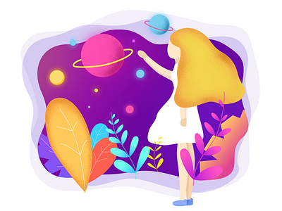 Girl picking stars card color daily design illustration