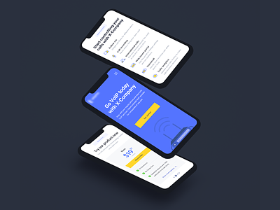 VoIP Website - Mobile version app blue dark design icons illustration iphone x landing page mobile mockup technology telephone ux ui voip website yellow