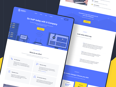 VoIP Website - Main Page blue design icons illustration landing page main page offers pricing shot technology telephone testimonials ui design ux design voip web design websites yellow