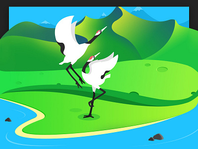 Crane crane grassland green illustrator mountain river