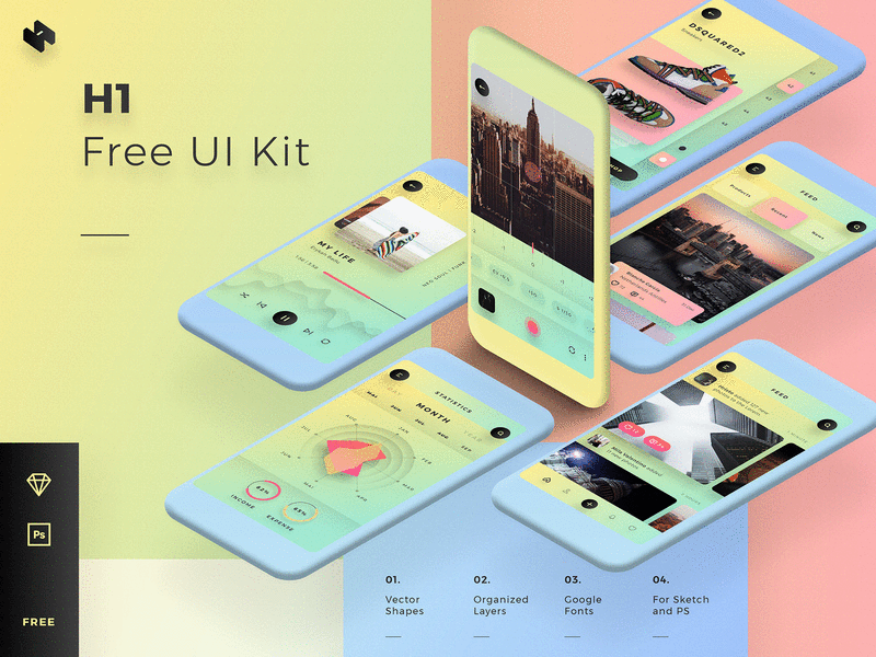 H1 / Free Mobile UI Kit categories sketch photoshop ux kit ui app mobile ios freebie free