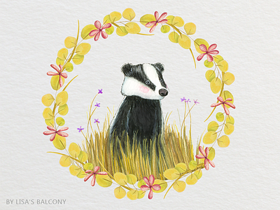 Little Badger animal badger clip art design kit floral flowers graphic resources graphics illustration nature watercolor wreath