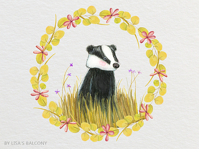 Little Badger animal badger clip art design kit floral flowers graphic resources graphics illustration nature watercolor wreath
