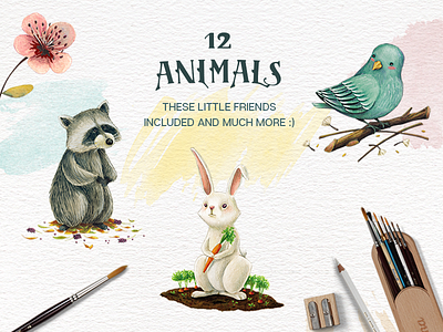 Little friends from Animals and Nature - Design Kit animals clip art design design kit design resources floral graphic design handmade kids nature watercolor