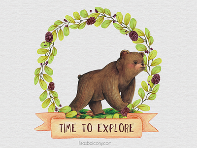 Time to explore animal banner bear clip art design design kit floral graphics handpainted illustration watercolor wreath