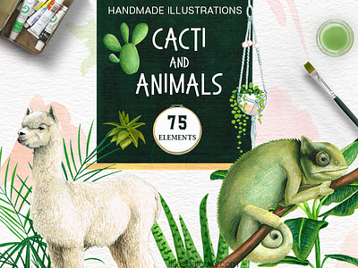 Cacti and Animals - Design Kit animals cacti cactus clipart design design resources green handmade illustration nature plants watercolor