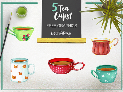 Tea Cups Illustrations - Freebie card clipart coffee cup free freebie graphics illustration kids stationery tea watercolor