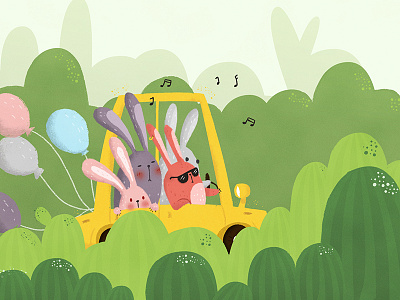 Happy journey cactus car character illustration journey plants rabbit