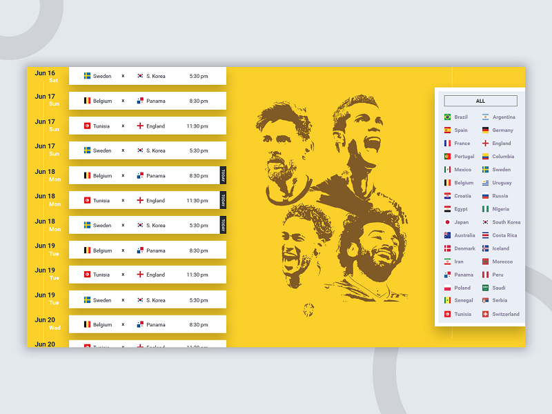 Fifa world cup schedule fifa illustration messi minimal neymar ronaldo russia salah schedule ui website worldcup