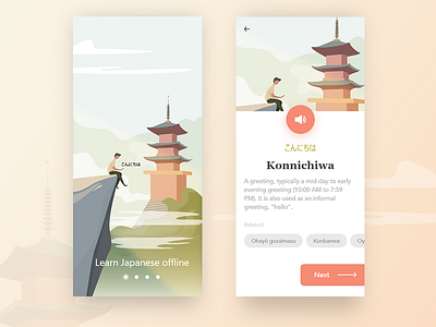 Learn Japanese Offline app clean design illustration japanese learning minimal modern onboarding ui ux white