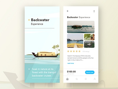 Explore Backwaters app backwaters calm clean design illustration kerala minimal mobile modern peaceful travel ui ui ux vector