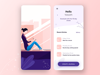 Journal app app app design blue book cityscape flat girl gradient illustration ios journal minimal modern typography ui design ux vector window