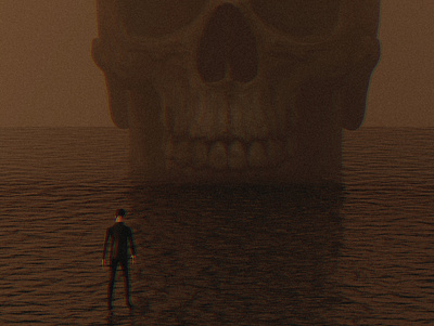 Uknown path, solo man in ocean with skull 3d alone alone man boy cinematic dark darkness despair digital fog man man in ocean ocean orange realistic red red art silhouette skull solo man