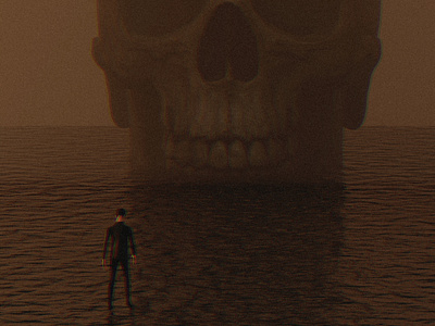 Uknown path, solo man in ocean with skull