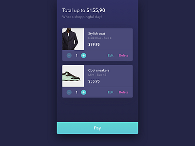 Daily UI #058 - Shopping Cart 58 app dailyui dark gradient list mobile process shop store