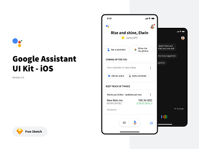 Google Assistant Free UI Kit app assistant dark mode design free freebie google ios mobile profile search sketch ui ui kit voice