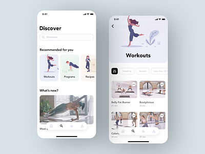 Lifestyle App Concept app card detail filter fitness gym illustration ios list lyfestyle minimal navigation search slider tabbar ui design workout