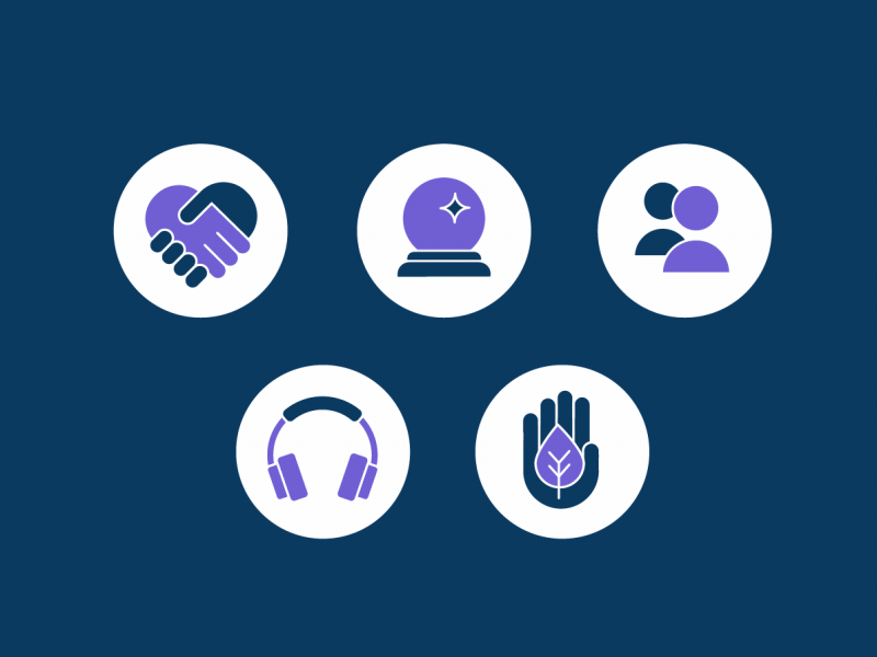 Brand Community Icon Set illustration icon set icons social authentic relationship guru crystal ball headphones hands community listen people brands connection