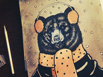 Bears wear fuzzy headphones bear drawing ink sketch