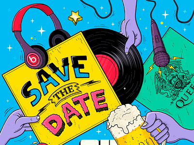 Save the date illustration beer bier color design drawing hand illiustration ilustración invitation music musica purple record records rock rockandroll savethedate sing sketch vector