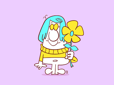 Blue-haired Beatnik with Yellow Flower cartoon flower illustration