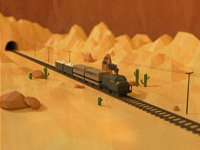 Train desert isometric journey landscape low poly train travel tunel