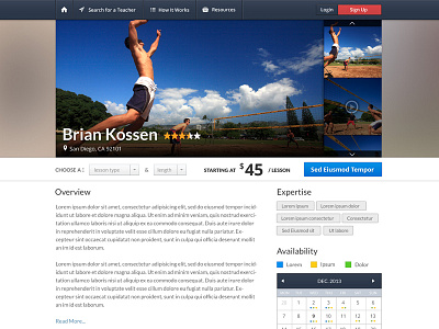 Profile page exploration blue button carousel feedback navigation profile red reviews ui ux video volleyball website