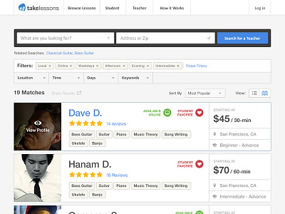 Search Results blue cta filters icons prices search simple tags ui ux web whitespace
