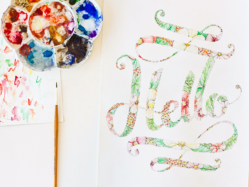 Hello! hi world lettering typography type floral illustration