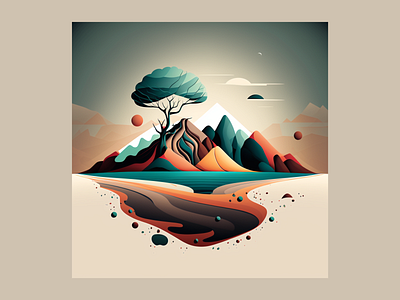 Single tree on the island abstract design graphic design illustration island landscape mountain tree